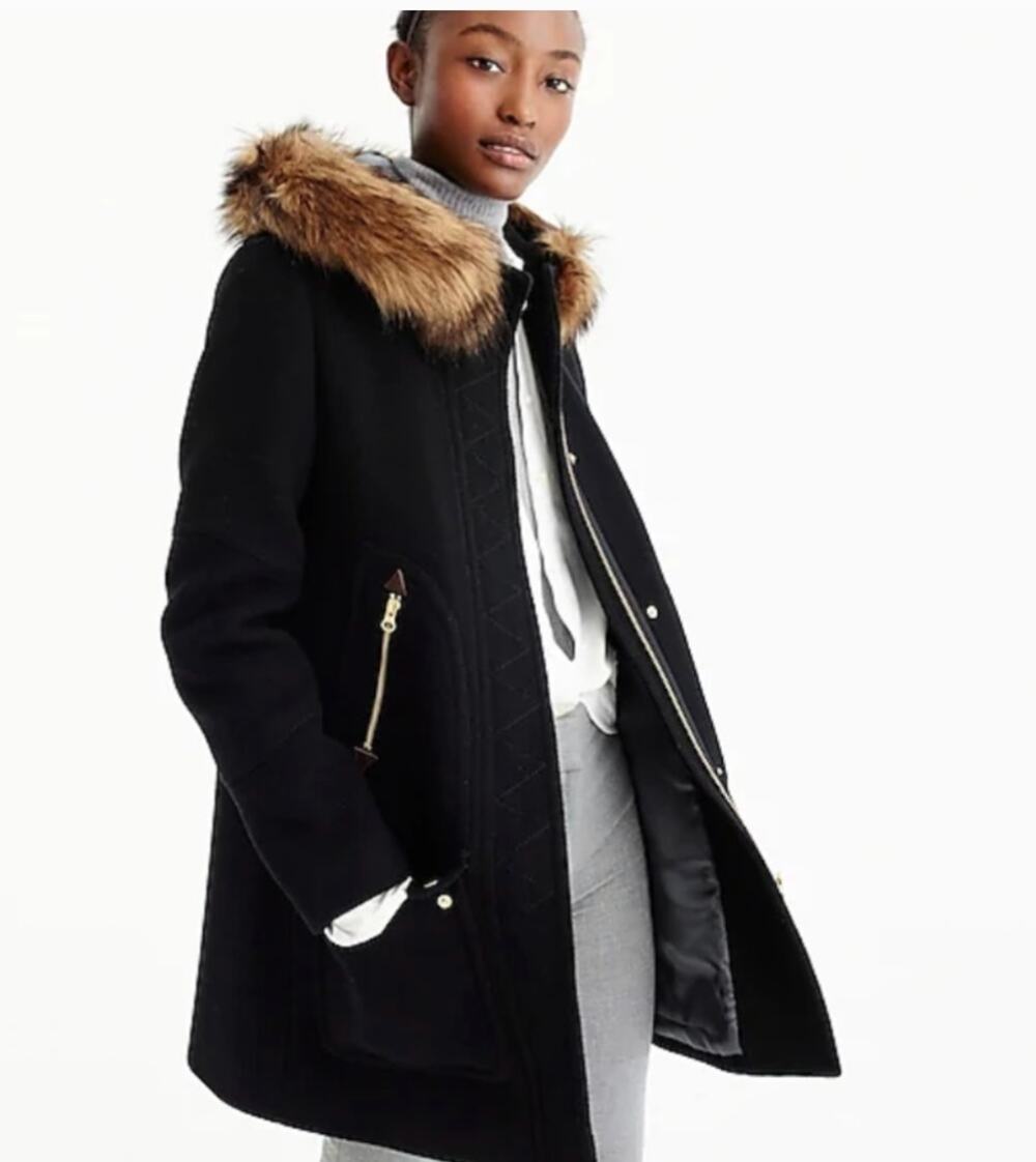 J.Crew Chateau Parka Black Italian Wool Faux Fur Hood Coat Petite 4P